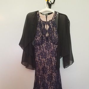 Mermaid cocktail dress with sheer black shawl